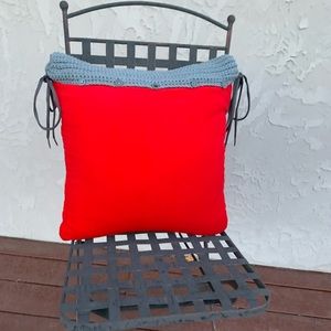 Red Faux Velour and Crocheted Handmade Pillow